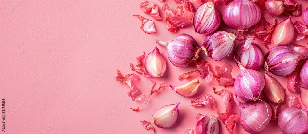 Poster freeze dried shallots spice (scallion) pastel background. with copy space image. place for adding te