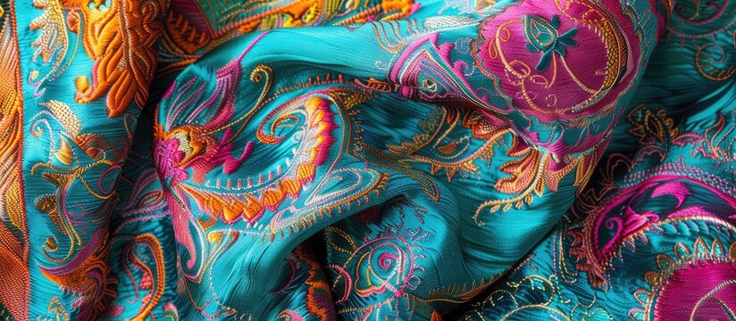 Shawl Boho Fabric. Teal Fur Color Shawl Border. Cute Interior Psychedelic Design. Romb Summer Boho Fabric. Indonesian Fashion Ikat Textile. Paisley Fur Artistic. with copy space image