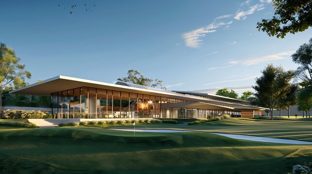 A modern golf course clubhouse with sleek architecture and a manicured