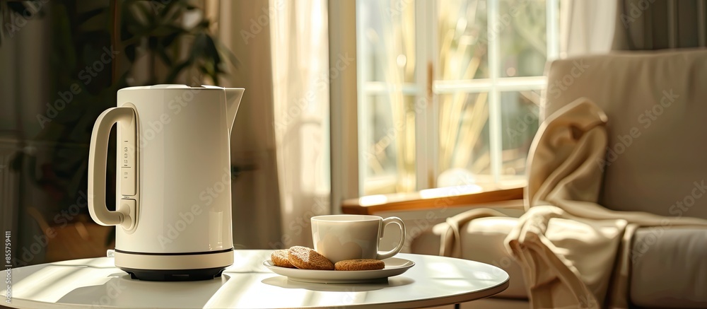 Aufkleber Stylish electrical kettle, cup and plate with cookies on table against blurred room interior. Space for text. with copy space image. Place for adding text or design