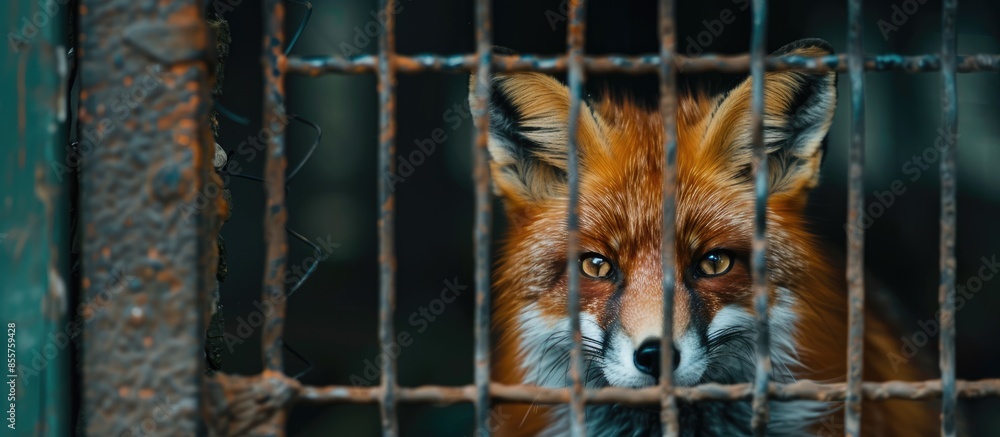 Poster a beautiful fox in a cage in poor conditions. animal protection concept. copy space image. place for