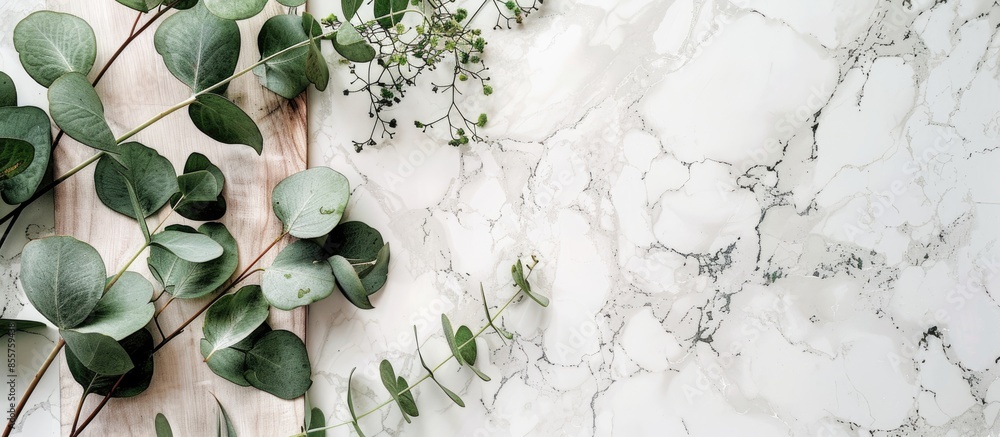Poster A wooden board with a branch of Eucalyptus, on a marble background pastel background. with copy space image. Place for adding text or design