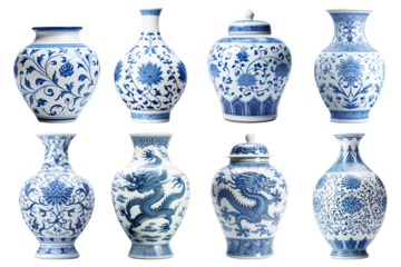 PNG indigo porcelain china pottery  cut out element set