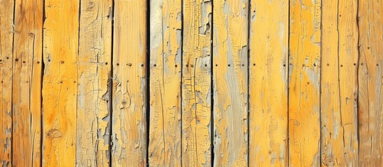 Old wooden fence plank pattern beige color - wood background. Wood texture painted yellow closeup. Vintage wooden background with copy space. Brown wooden village fence. Wood backdrop cracked wall.