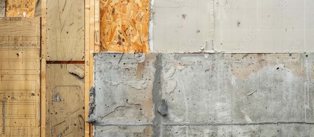 Poster Drywall pieces and sheathing leaning on wall at a construction site. with copy space image. Place for adding text or design