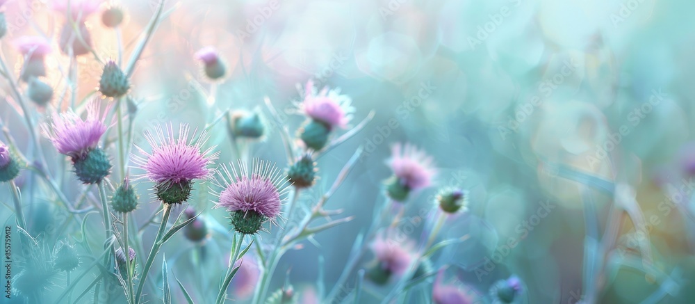 Poster thistle cirsium isolated green bagground in summer for wallpaper (tidsel) pastel background. with co