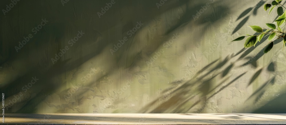 Poster empty table and darkgreen wall. table with sun reflections and leaves shadows on beige wall. backgro