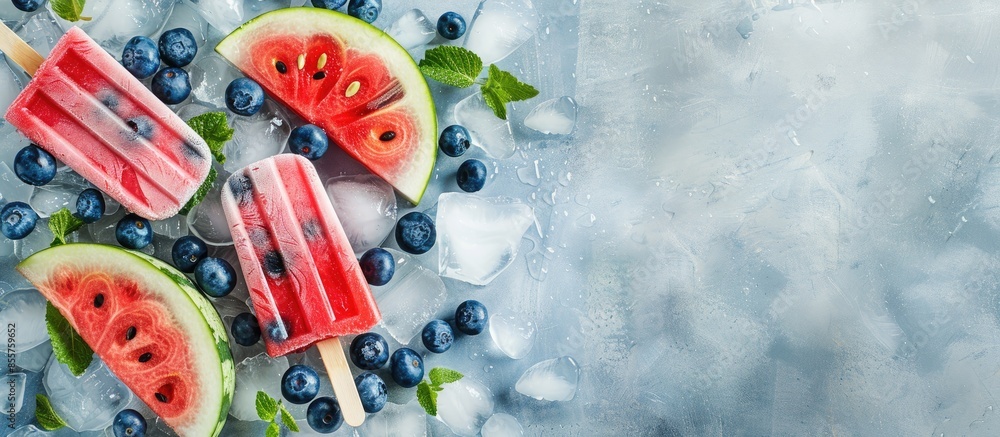Poster fresh watermelon popsicles with blueberries cut on ice. copy space image. place for adding text or d
