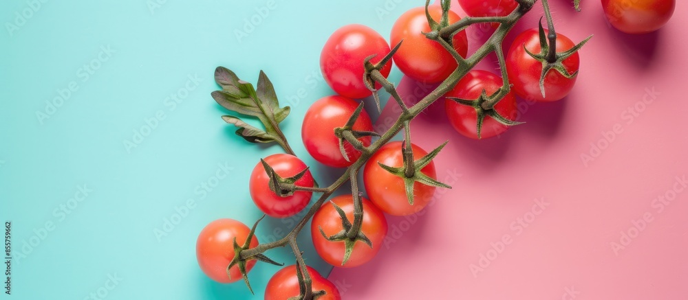 Poster tomatoes on a pastel background cherry tomato food. with copy space image. place for adding text or 