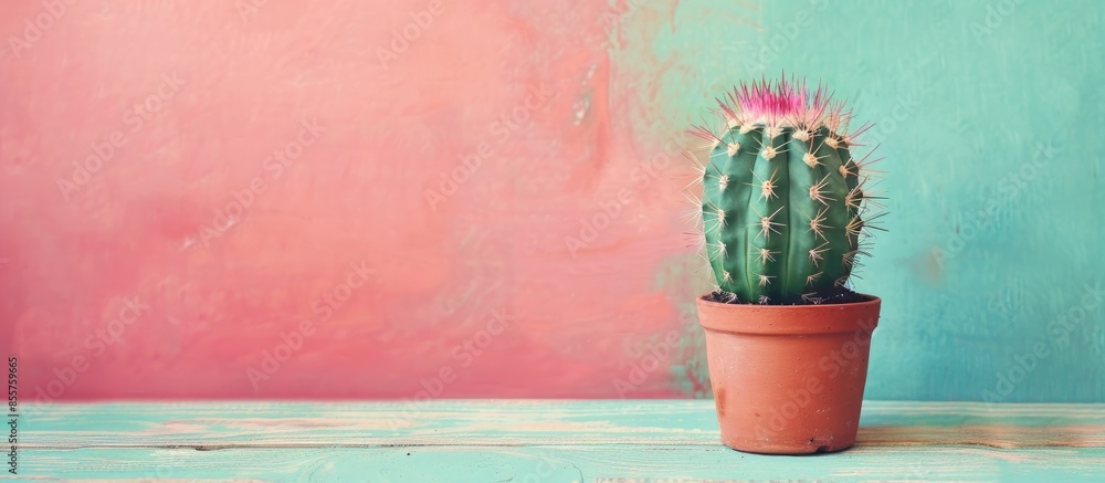 Poster potted cactus isolated on pastel background wood background. with copy space image. place for adding