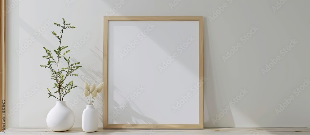Poster White wood photo frame mockup with vases. with copy space image. Place for adding text or design