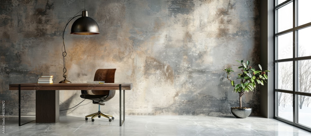 Poster wooden chair and table with modern lamp in working space interior design. with copy space image. Place for adding text or design