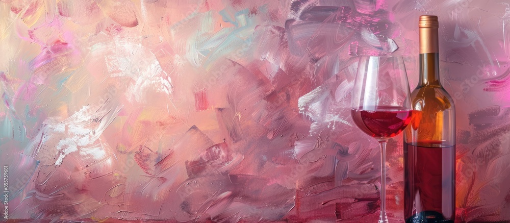 Poster red wine bottle and glass pastel background abstract. with copy space image. place for adding text o