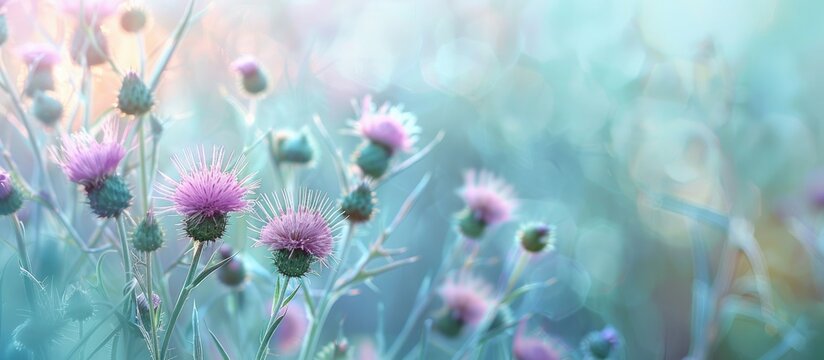 Thistle  Cirsium isolated green bagground in summer for wallpaper (tidsel) pastel background. with copy space image. Place for adding text or design
