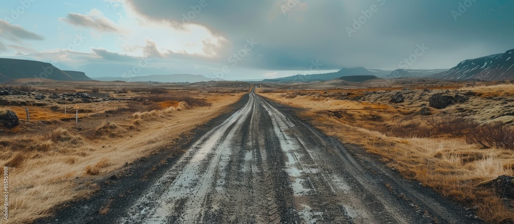 Aufkleber rough empty dirt road in icelandic volcanic inland is accesible just by 4x4 vehicles. copy space ima