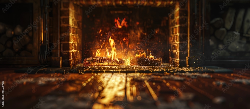 Poster A fire in the fireplace. Warm cozy place with orange bonfire. . with copy space image. Place for adding text or design