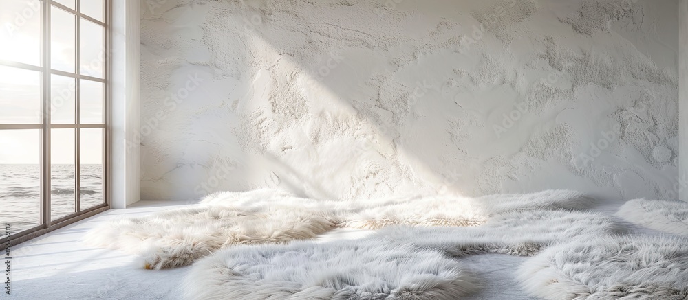 Poster carpet of fur in the interior. with copy space image. Place for adding text or design