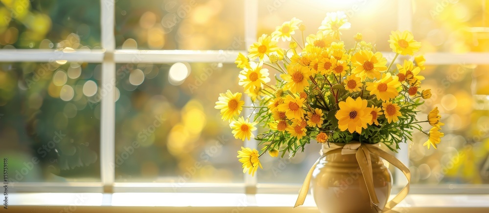 Poster beautiful yellow flowers in a vase on a window in natural light. yellow flowers golden ball. yellow 