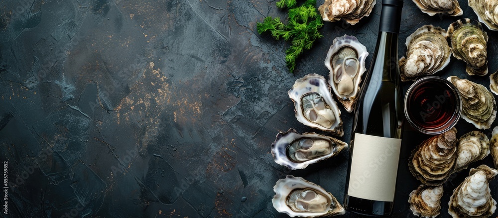 Poster bottle of aged wine and fresh oysters on a dark kitchen table. seafood. top view. flat lay. copy spa