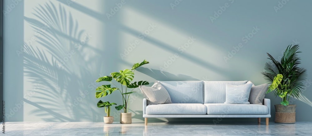 Poster plants in cozy modern designed living room in blue and white. with copy space image. place for addin