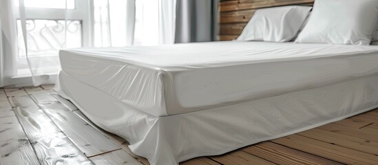 Bed corner with white fitted sheet. White sheet with elastic band. Bed cover close up photo. with copy space image. Place for adding text or design