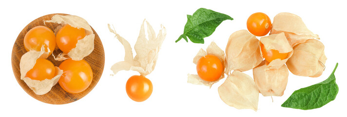 Cape gooseberry or physalis in wooden bowl isolated on white background wit full depth of field. Top view. Flat lay