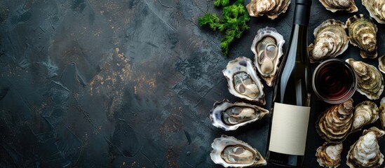Bottle of aged wine and fresh oysters on a dark kitchen table. Seafood. Top view. Flat lay. Copy space image. Place for adding text or design