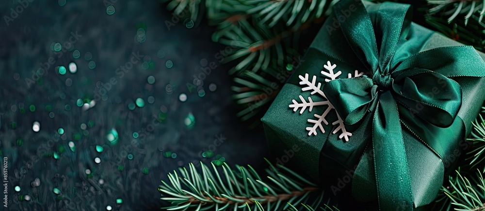 Poster A gift with a green ribbon next to a toy snowflake is not a Christmas tree. Toy on the Christmas tree and gifts for Christmas and New Year. with copy space image. Place for adding text or design