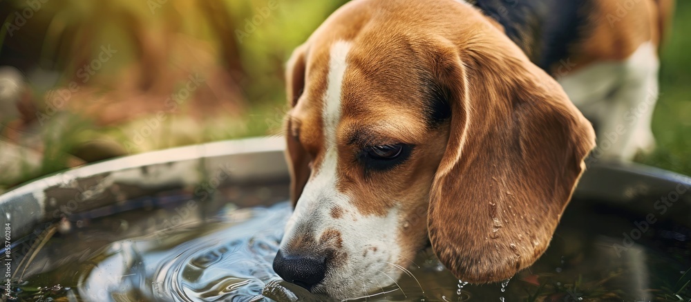 Aufkleber Beagle is drinking water. Dog hydration. Copy space image. Place for adding text or design