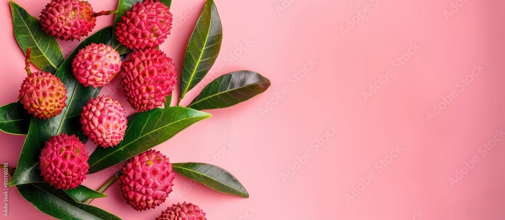 Leinwandbilder lychee with leaves isolated on pastel background. tropical fruit. with copy space image. place for a