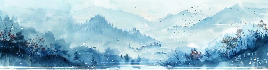  Serene Light Blue Chinese Style Ancient Landscape Painting Background in Watercolor