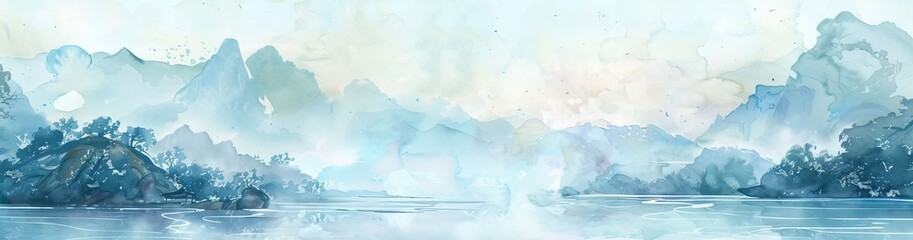  Serene Light Blue Chinese Style Ancient Landscape Painting Background in Watercolor
