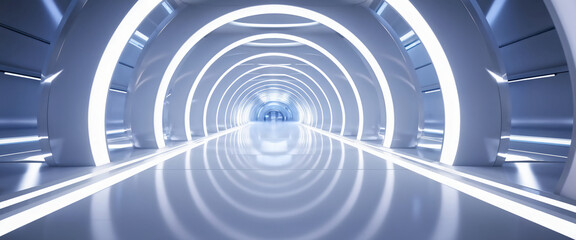 Naklejka premium White background 3D room light abstract space technology tunnel stage floor. Empty white future 3D neon background studio futuristic corridor render modern interior silver road black wall design gray