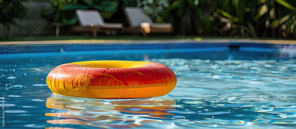 Poster inflatable wheel for learning to swim in the garden pool. Copy space image. Place for adding text or design
