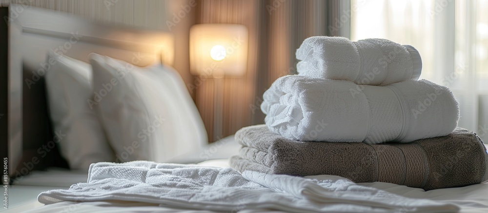 Poster Bed with fresh towels. with copy space image. Place for adding text or design