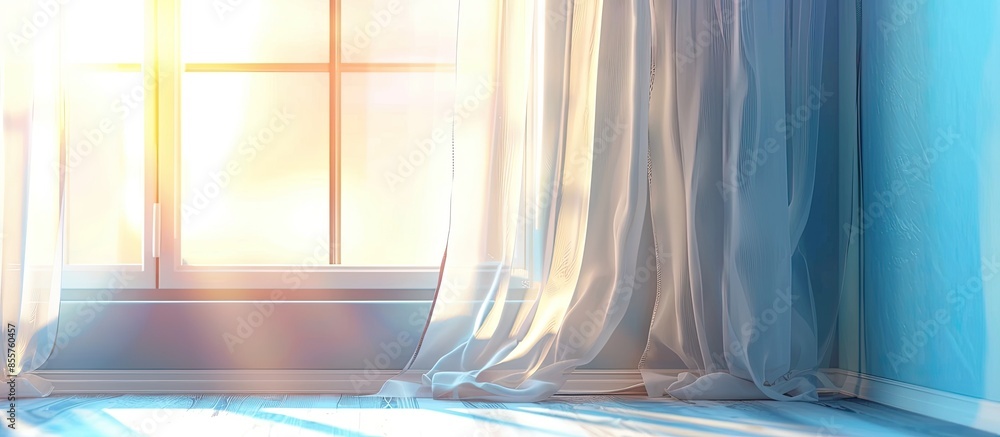 Aufkleber window with curtains. sunlight. window frame. with copy space image. Place for adding text or design
