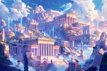 Enchanted Twilight at the Mythical Olympus: A Surreal Panorama of Ancient Wonders