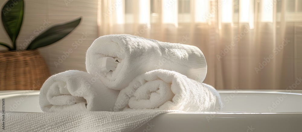 Fototapete big white bath with two fluffy towels . with copy space image. place for adding text or design