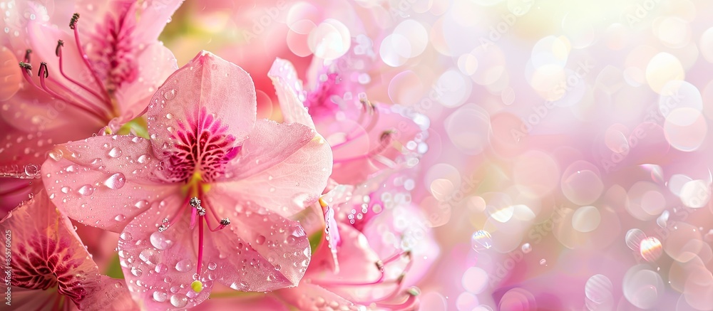 Poster pink flowers with drops. with copy space image. Place for adding text or design