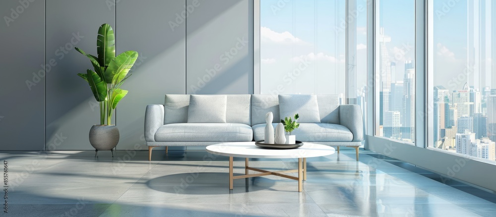 Poster Interior of modern living room with sofa and table near window. with copy space image. Place for adding text or design