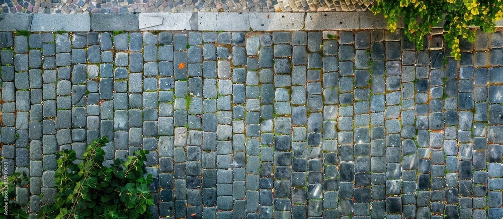 Fototapete old cobblestone road top aerial drone view. copy space image. place for adding text or design