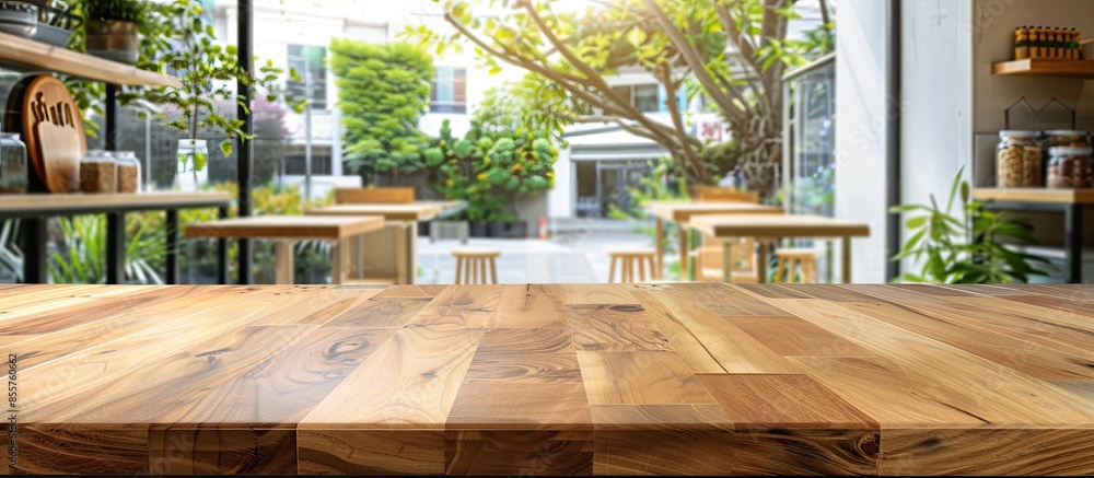 Poster Empty of wood table top on blur of window. For montage product display or design key visual layout. with copy space image. Place for adding text or design