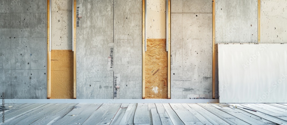 Poster Drywall pieces and sheathing leaning on wall at a construction site. with copy space image. Place for adding text or design