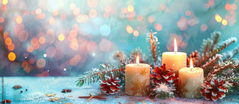 Poster Christmas composition of candles on a pastel background3. with copy space image. Place for adding text or design