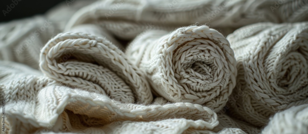 Poster a rolled up knit plaids. the plaid has a pattern in the shape of white cotton boxes. jacquard. with 