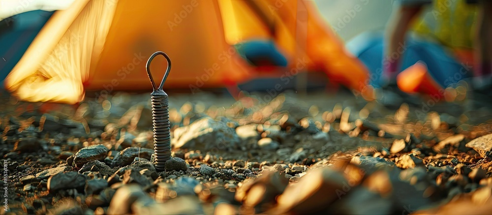 Poster Close up of tent peg anchor on the ground tent,hook of tent,camping. with copy space image. Place for adding text or design