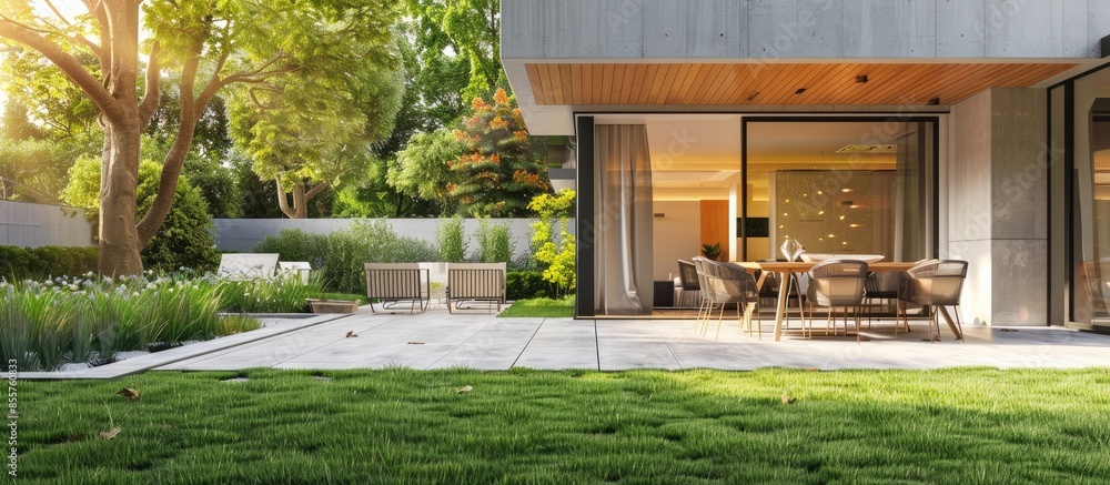 Poster Contemporary Home with Dining Set in Backyard. with copy space image. Place for adding text or design