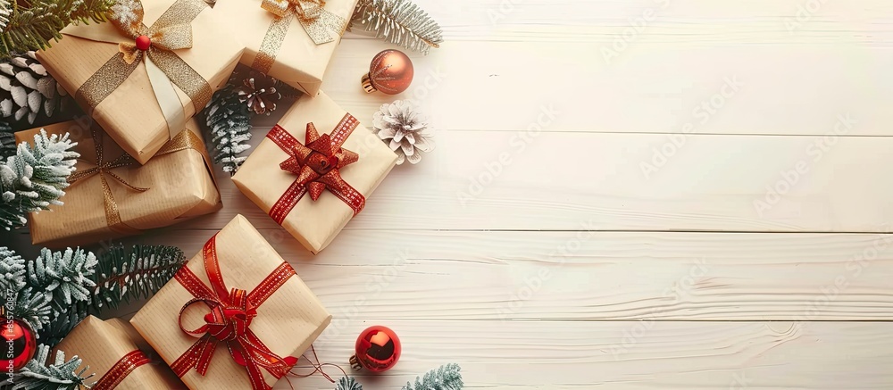 Poster gift boxes with presents under the christmas tree. preparation for the celebration of the new year. 