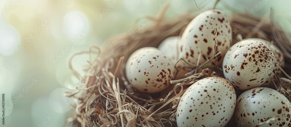 Leinwandbilder quail eggs in nests. Selective focus, toned photo pastel background. with copy space image. Place for adding text or design