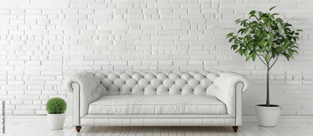 Poster Stylish sofa near white brick wall with space for text. with copy space image. Place for adding text or design
